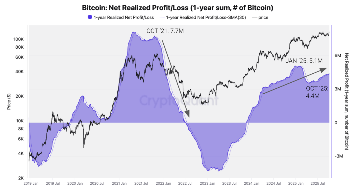 Bitcoin Net Realized Profit/Loss (1-year sum) chart. Source: CryptoQuant